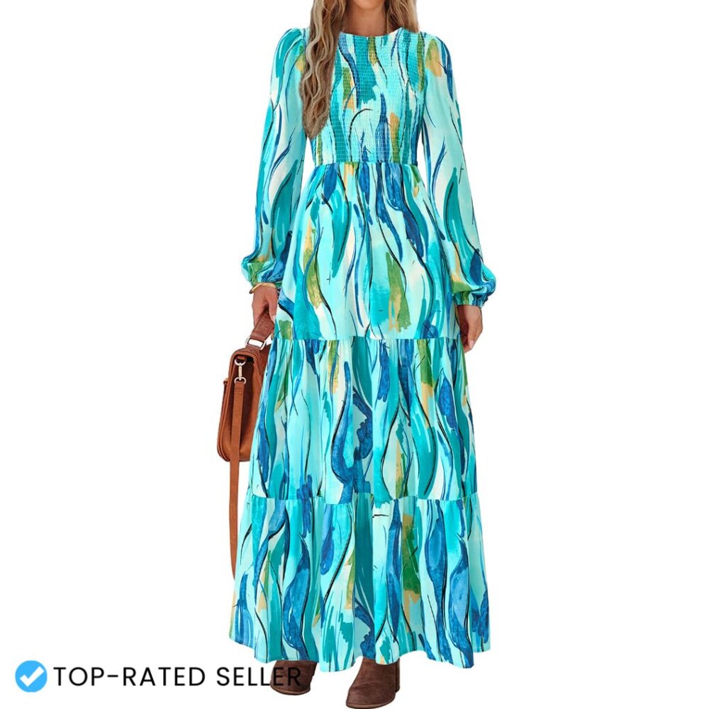Floral Maxi Dress Long Sleeve Smocked Tiered Flowy Spring Casual Boho